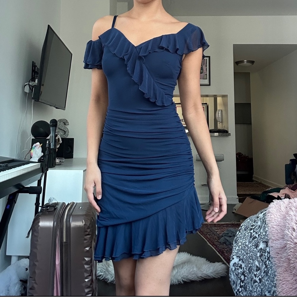 Bebe mesh navy ruffle asymmetric midi dress